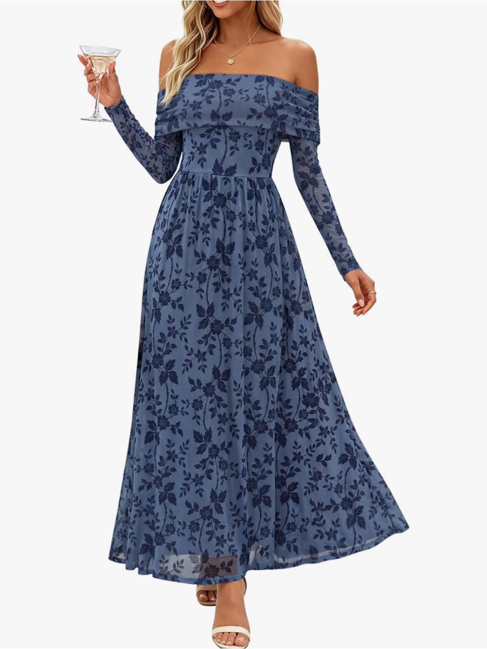 Zesica Off-Shoulder Blue Floral Maxi Dress